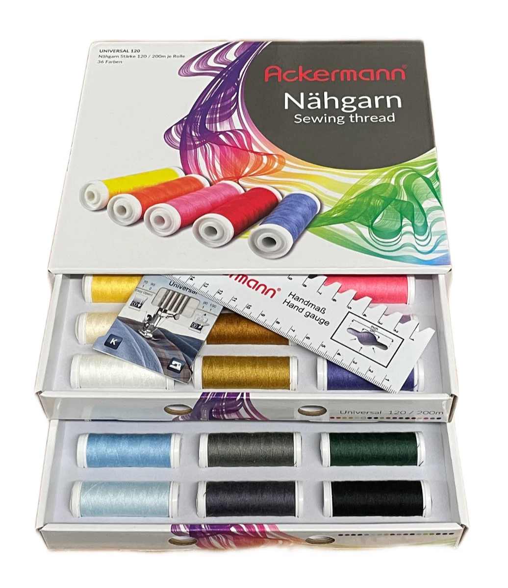 Ackermann Nähgarn Box weiß mit 36 verschiedenfarbige Garnrollen 1 Ackermann Nähgarn Box weiß mit 36 verschiedenfarbige Garnrollen